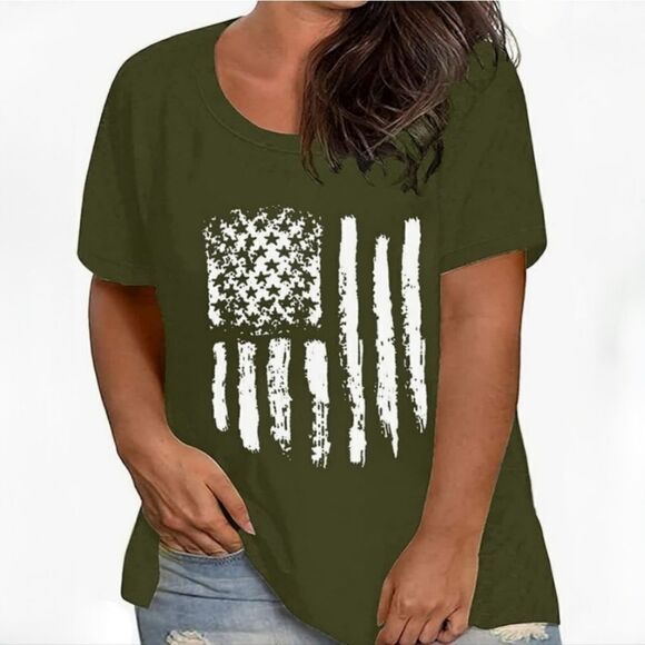 Tops - Women's Army Green American Flag Graphic Crewneck Short Sleeve Tee